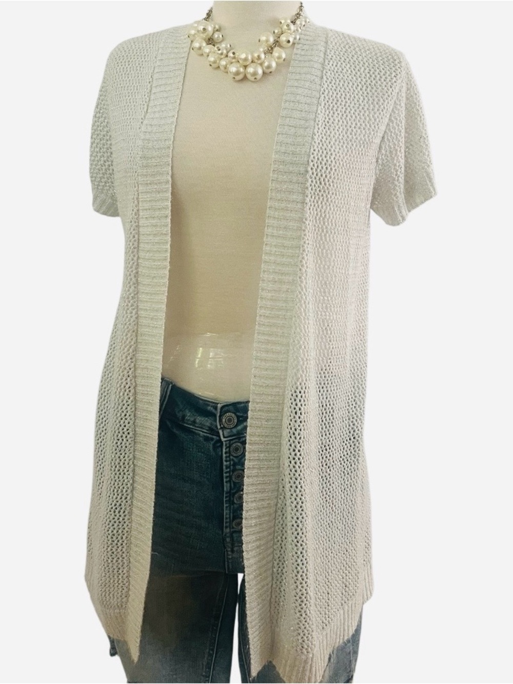 August silk - white and silver open-knit shimmer crewneck sweater